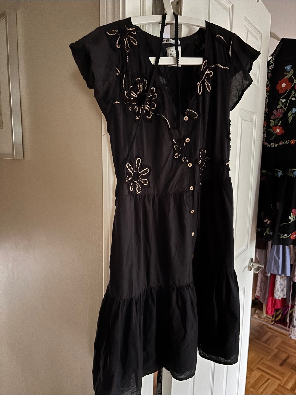 Devoted Midi Dress with Cream Floral Embroidery & Flutter Sleeves